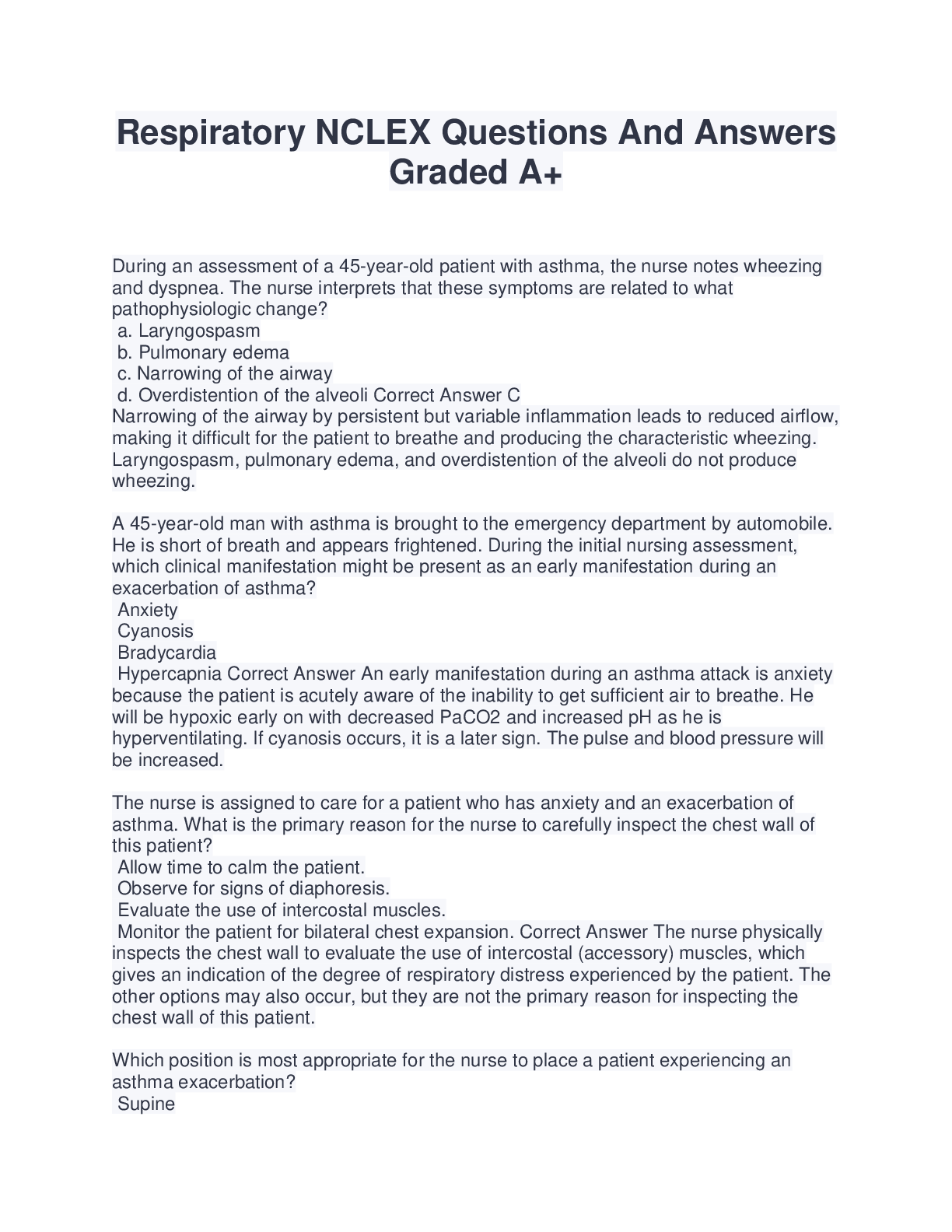 Preview image for Respiratory NCLEX Questions And Answers Graded A+